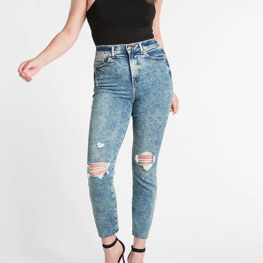 Super High Waisted Medium Wash Ripped Slim Jeans